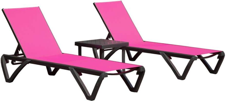 Zeus & Ruta 3-Piece Metal Outdoor Chaise Lounge with 5 Position Adjustable Backrest and Wheels (2 Rose Red Chairs and 1 Gray Table)