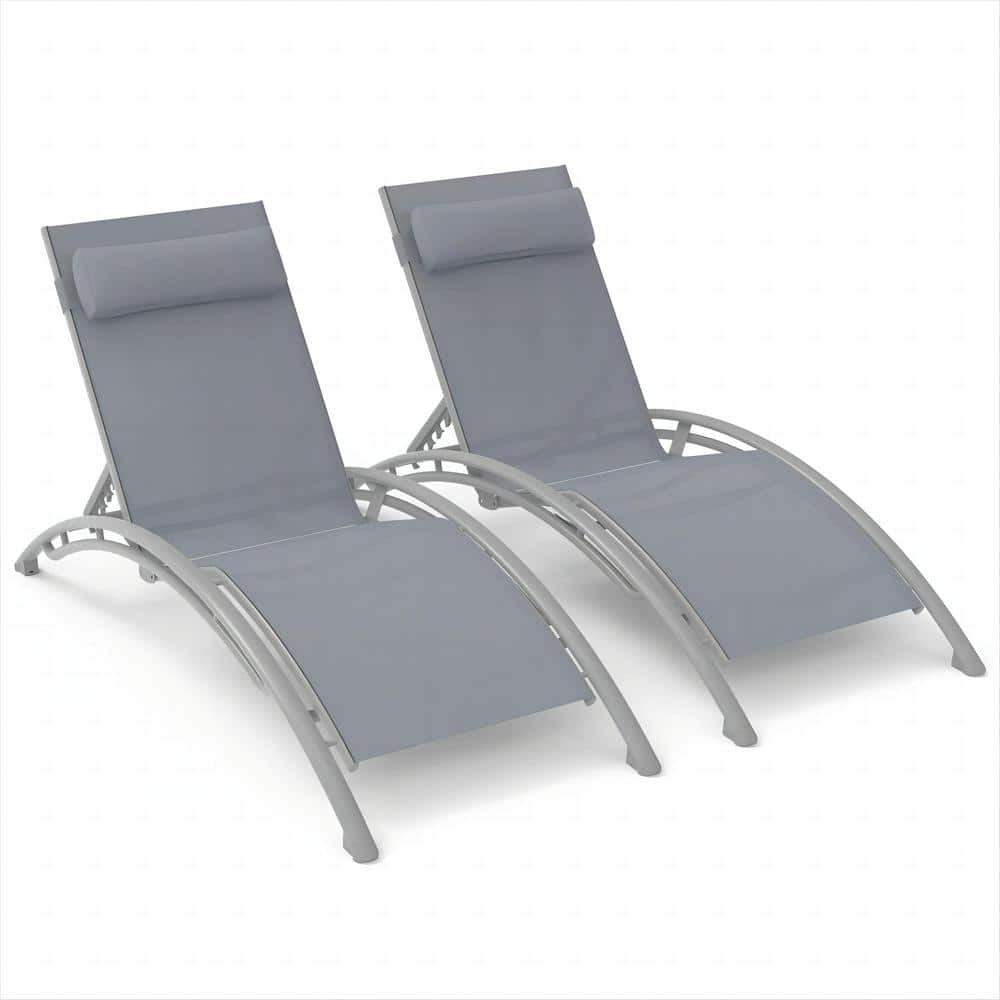 GAWEZA Aluminum 2-Piece Adjustable Stackable Outdoor Chaise Lounge in Gray Seat with Pillow