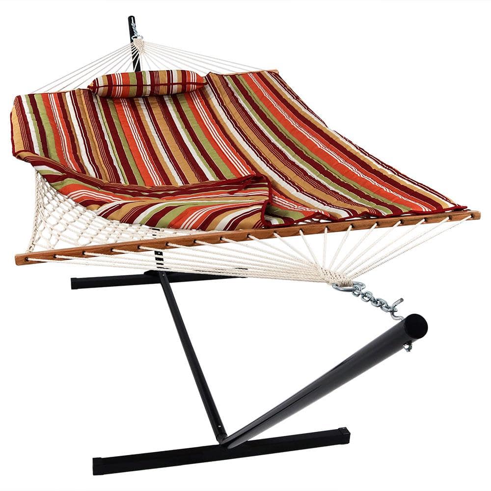 Sunnydaze Decor 12 ft. Rope Hammock Bed Combo with Stand, Pad and Pillow in Tropical Orange