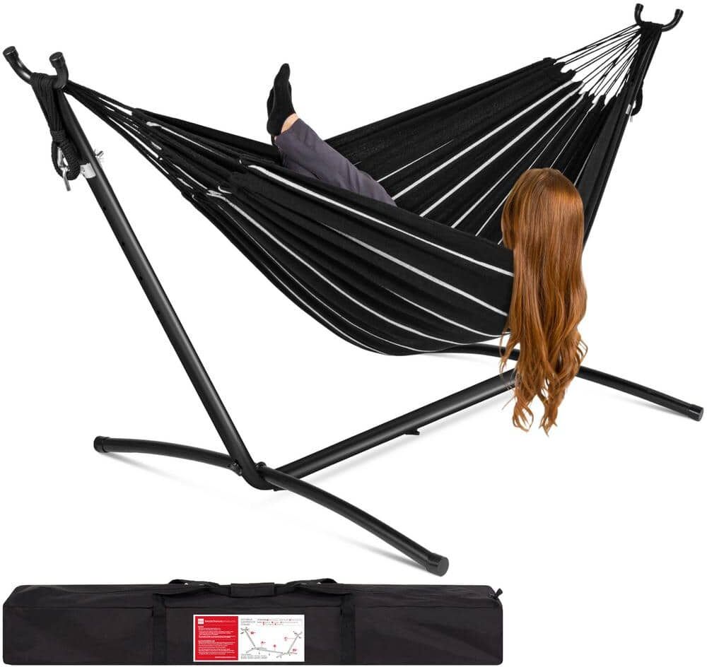 Best Choice Products 9.5 ft. 2-Person Brazilian-Style Cotton Double Hammock Bed with Stand Set with Carrying Bag in Onyx