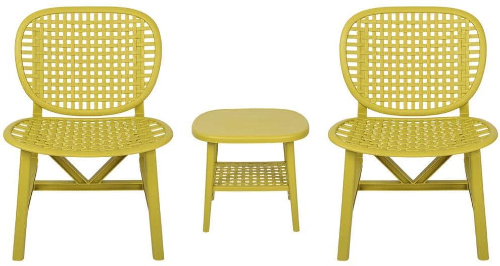 URTR Yellow 3-Piece Hollow Design Plastic Patio Rectangle Table and Chair Set All Weather Outdoor Bistro Set Conversation Set