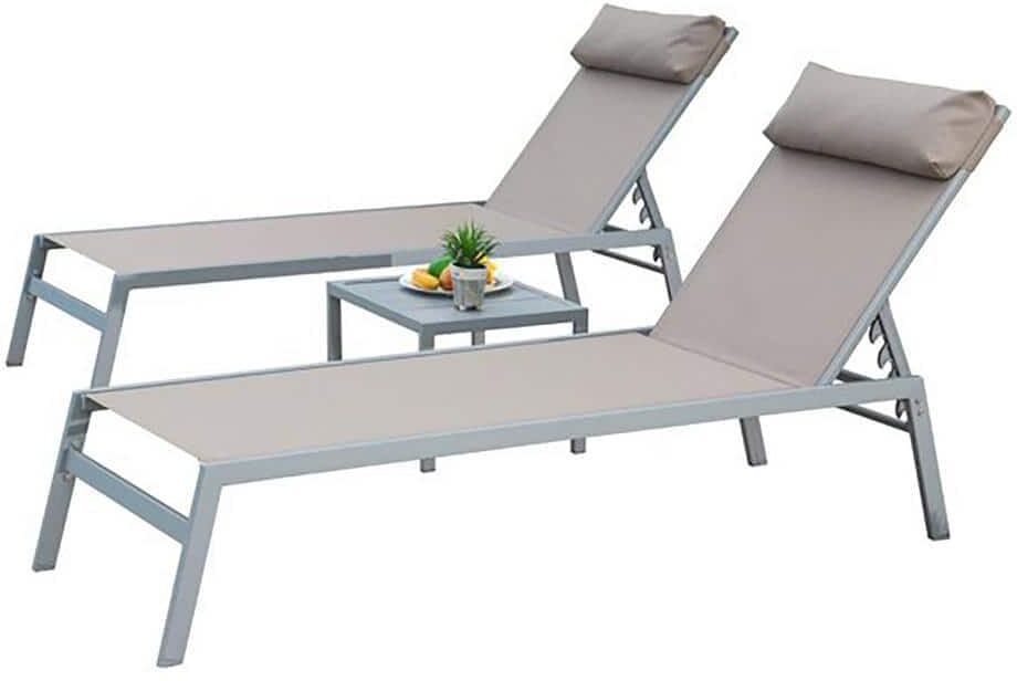 Sudzendf Metal Outdoor Chaise Lounge, 5 Position Adjustable with Headrest in Khaki (2 Lounge Chairs Plus 1 Table) (Set of 3)