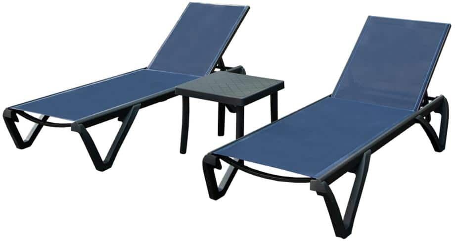 Zeus & Ruta Navy Blue 3-Piece Metal Outdoor Chaise Lounge Chair with 5 Positions Adjustable Backrest, Wheels and Side Table