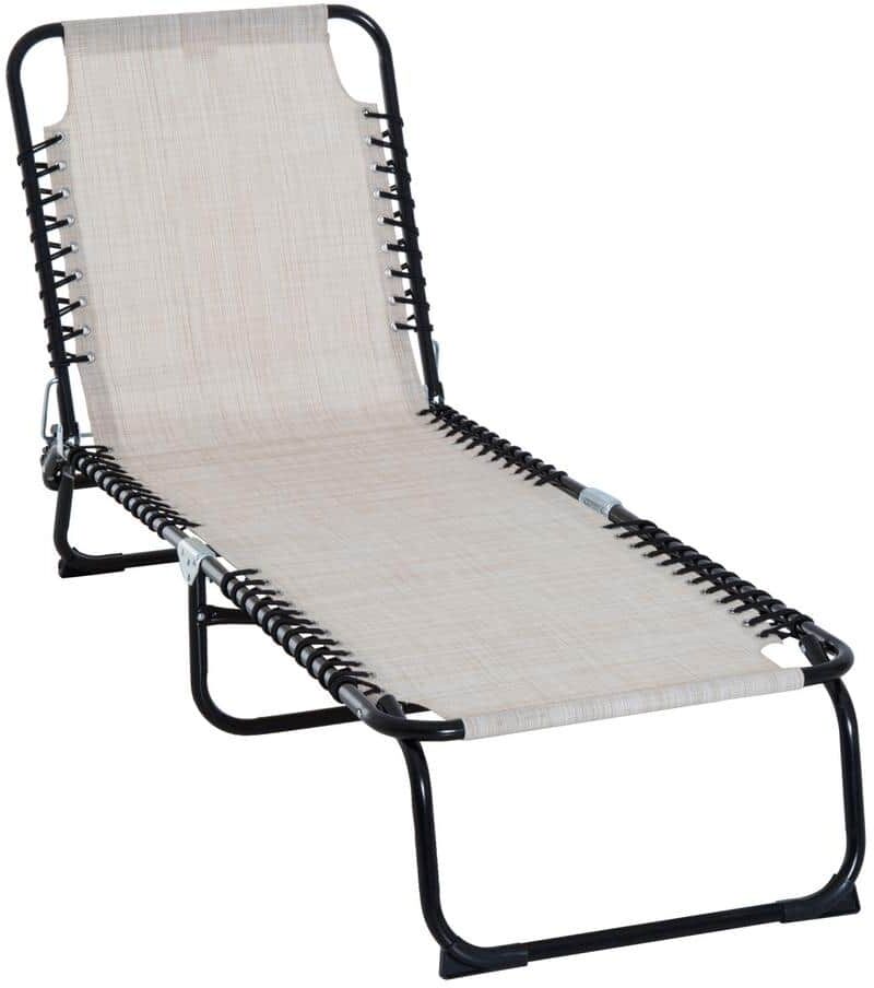 Outsunny Black Frame 3-Position Reclining Metal White Sling Outdoor Beach Chaise Lounge Folding Chair with Ergonomic Design