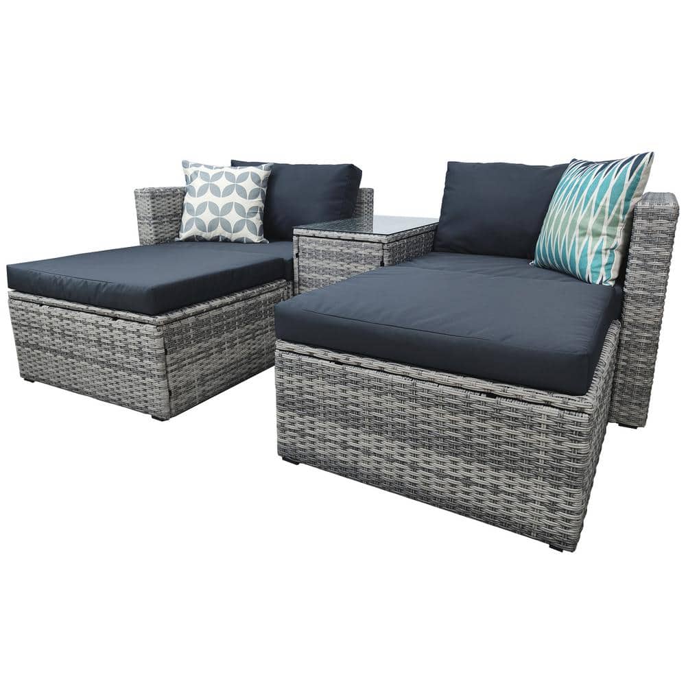 5 Piece Gray Wicker Outdoor Patio Garden Couch Sofa Set with Gray Cushions and Pillows with Furniture Protection Cover