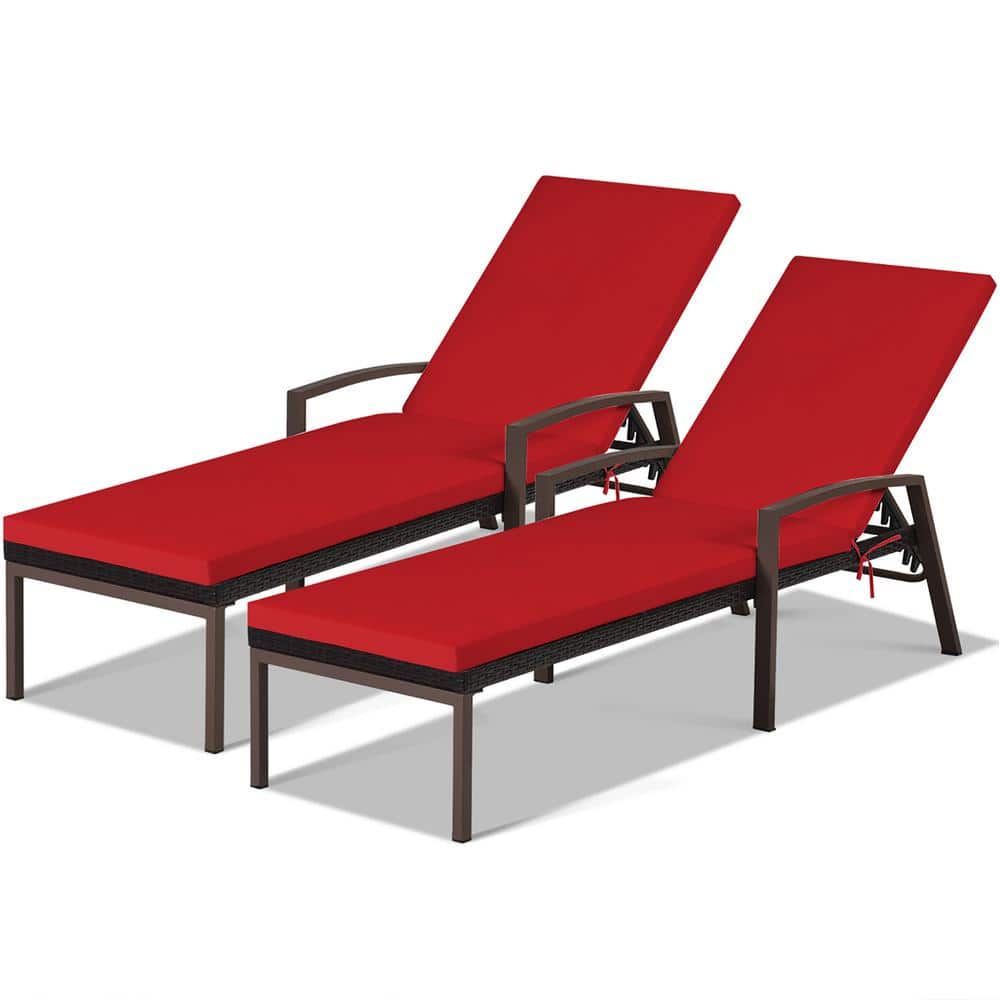 Costway Adjustable Height Rattan Chaise Recliner Patio Lounge Chair with Red Cushions (2-Piece)