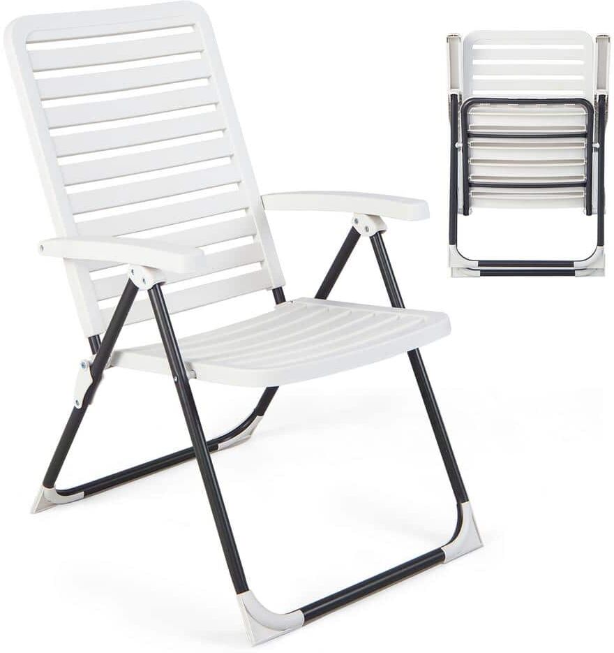 Costway Patio PP Folding Chair Adjustable Outdoor Recliner 7-Level All-Weather Portable White