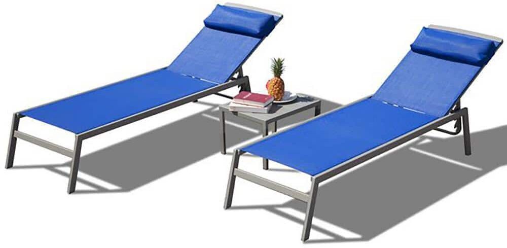 Sudzendf Metal Outdoor Chaise Lounge, 5 Position Adjustable with Headrest in Blue (2 Lounge Chairs Plus 1 Table) (Set of 3)