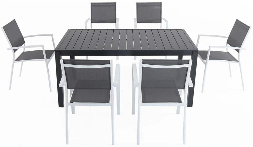 Hanover Naples 7-Piece Aluminum Outdoor Dining Set with 6 Sling Chairs in Gray/White and a 63 in. x 35 in. Dining Table