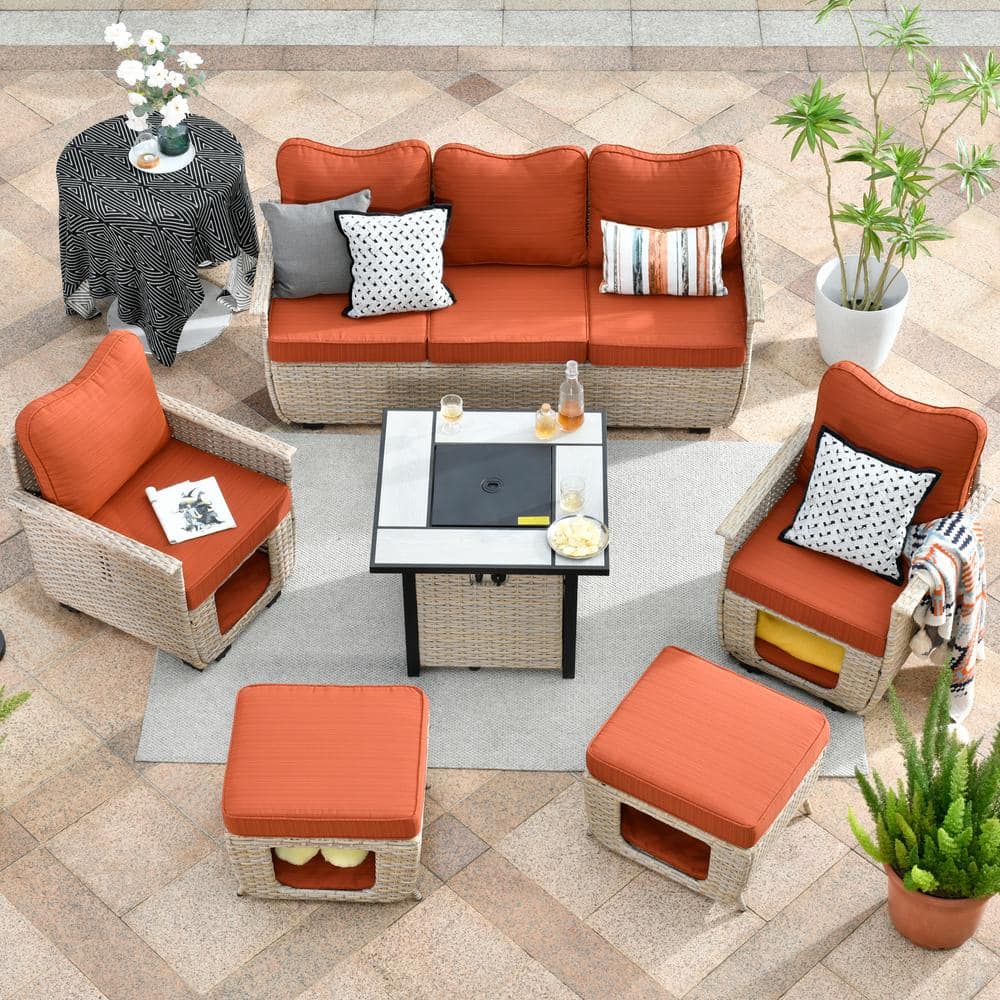 HOOOWOOO Echo Beige 6-Piece Wicker Outdoor Multi-Functional Patio Conversation Sofa Set with a Fire Pit and Orange Red Cushions