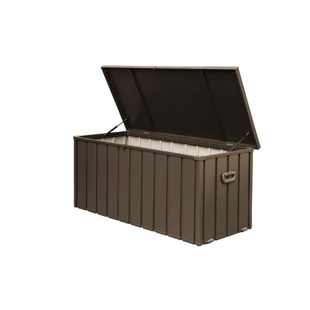 Zeus & Ruta 160 Gal. Dark Brown Steel Style Lockable Deck Box Waterproof, Large Patio Storage Bin for Outside Cushions, Garden Tools