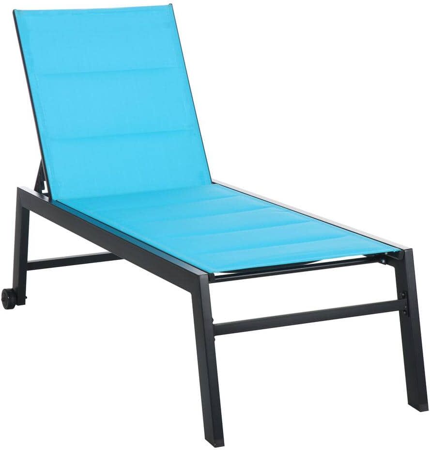 Tenleaf Black Metal Blue Outdoor Chaise Lounge with Wheels, 5-Position Recliner