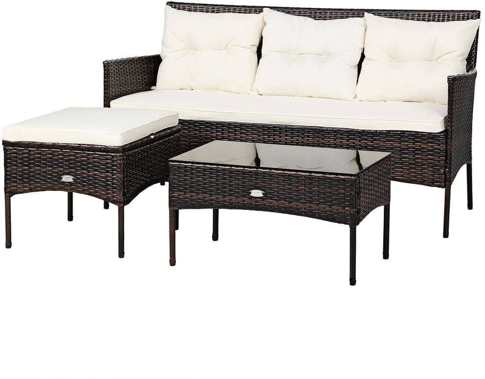 Costway 3-Piece Patio Wicker Furniture Set 3-Seat Sofa Outdoor Sectional Set with White Cushioned Table Garden