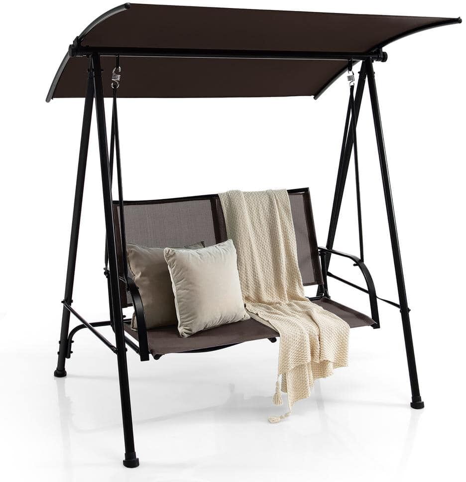 Costway 2-Seat Metal Patio Swing Porch Swing with Adjustable Canopy for Garden Dark Brown