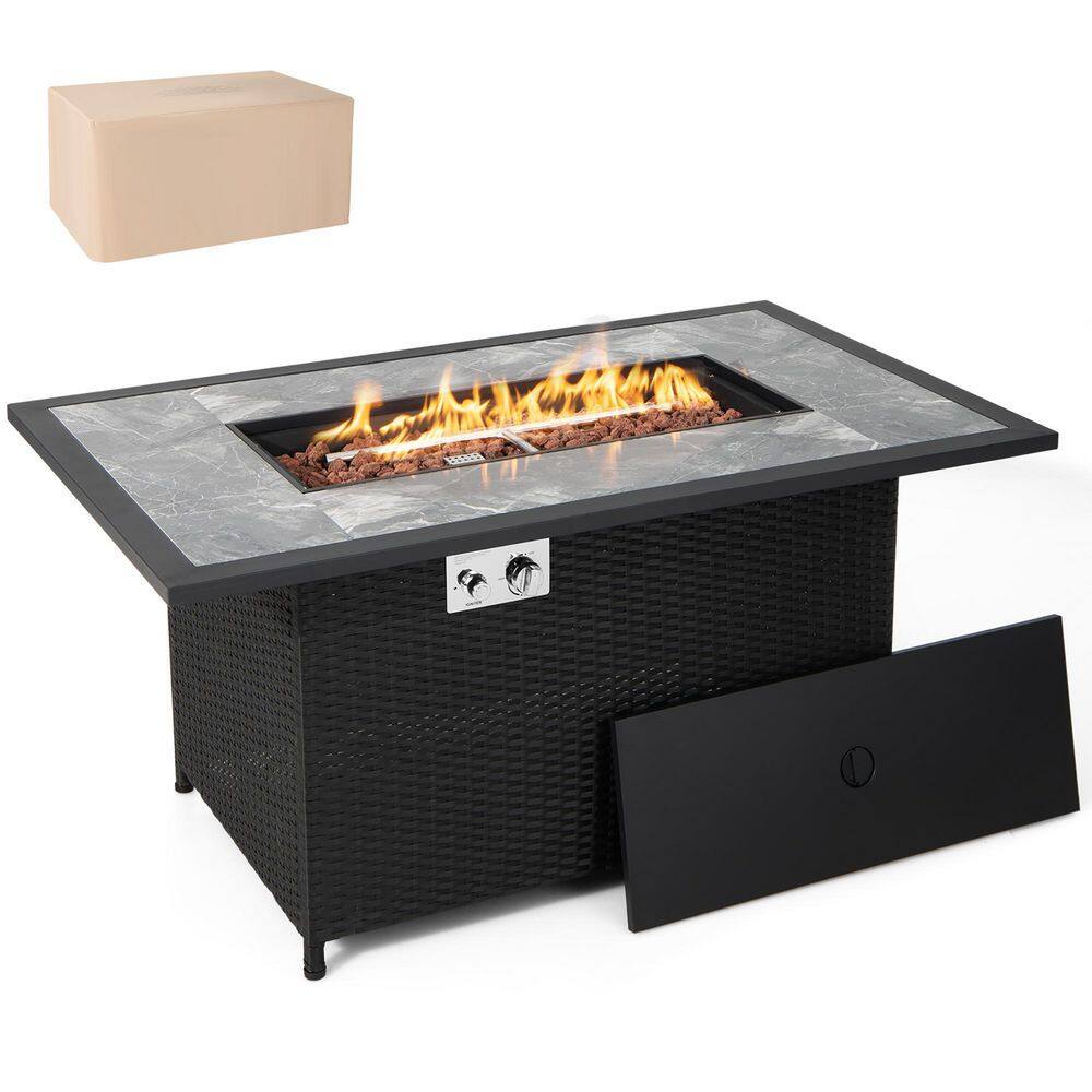 Costway 52 in. Propane Fire Pit Table Marble Tabletop Rattan Wicker w/Rain Cover Lava Rock