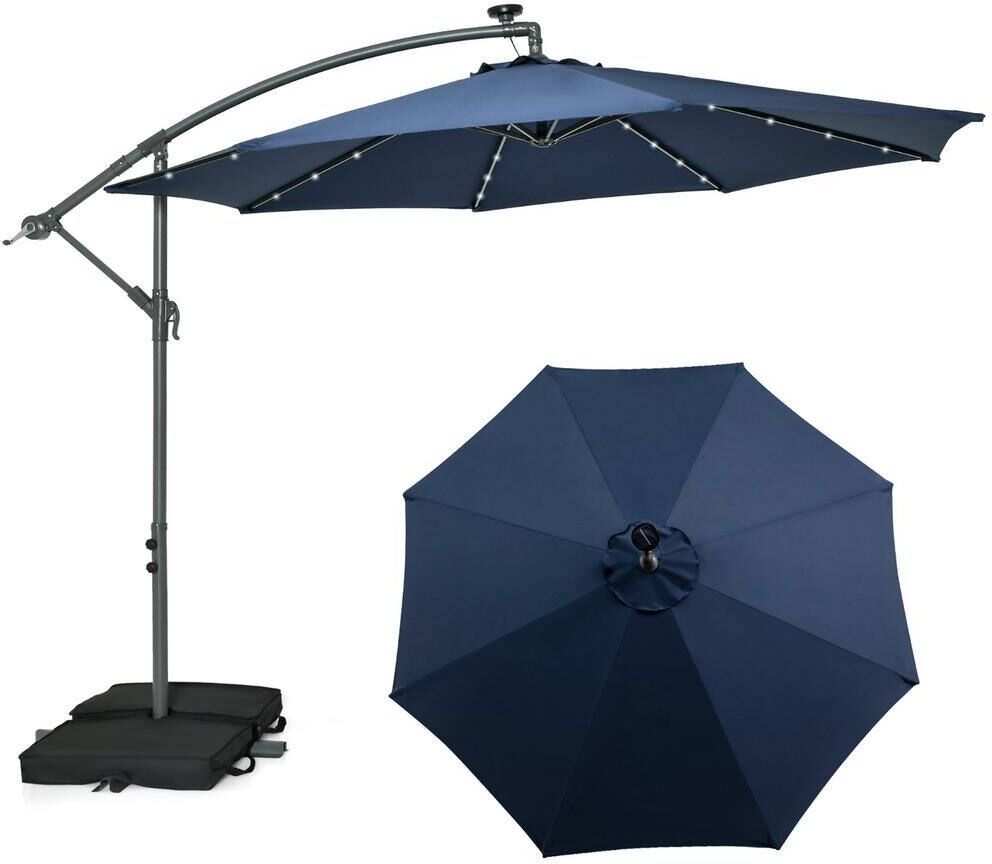 Costway 10 ft. Cantilever Hanging Offset 32 LED Lights Sand Bag Outdoor Cross Base Patio Umbrella in Navy