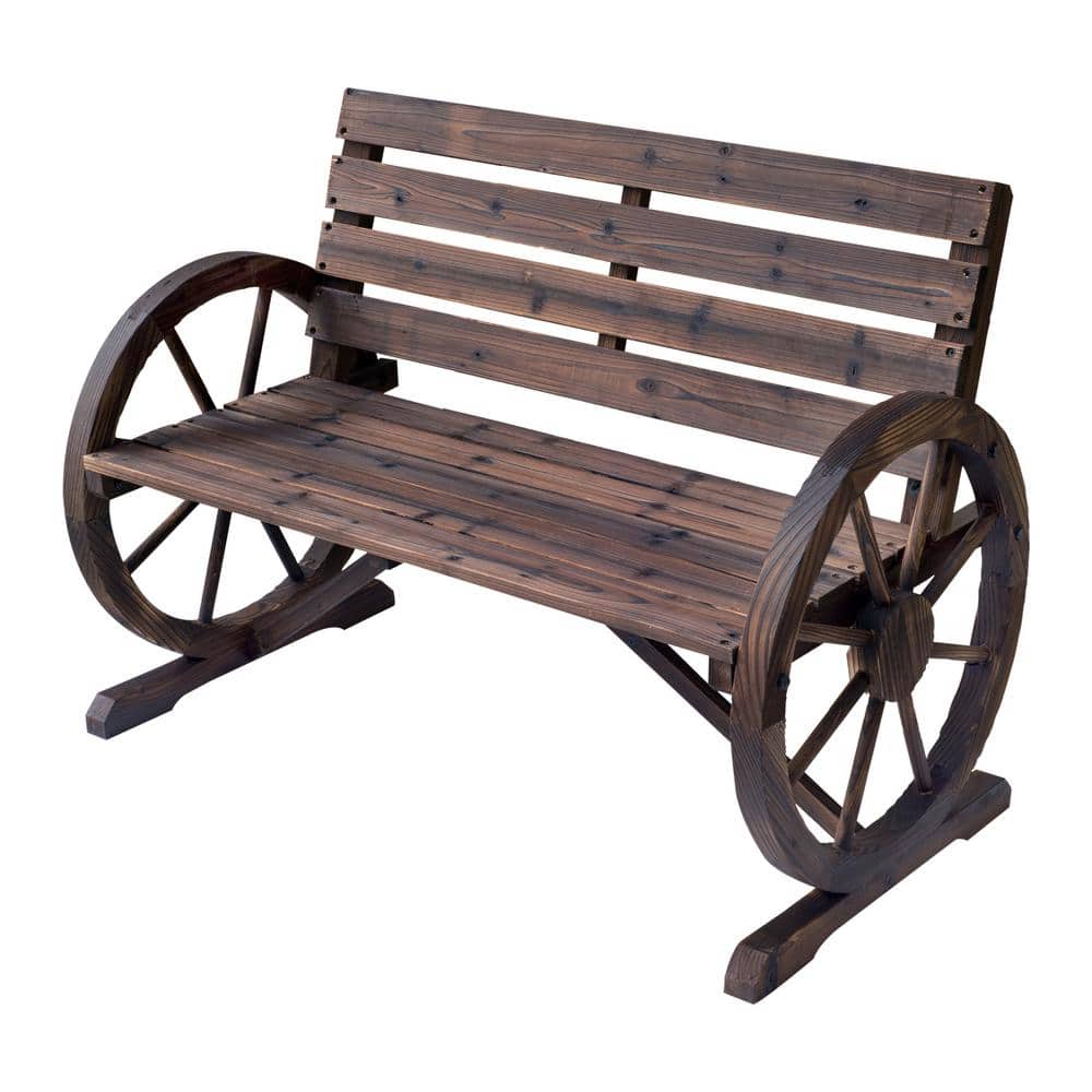 Outsunny Rustic Wooden Outdoor Patio Wagon Wheel Bench Seat with Unique Rustic Style and Durable Fir Wood Construction