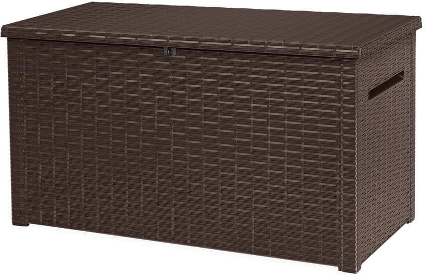 Keter Java 230 Gal. Large Rattan Look Resin Deck Box for Patio Garden Furniture, Outdoor Storage Container, Brown