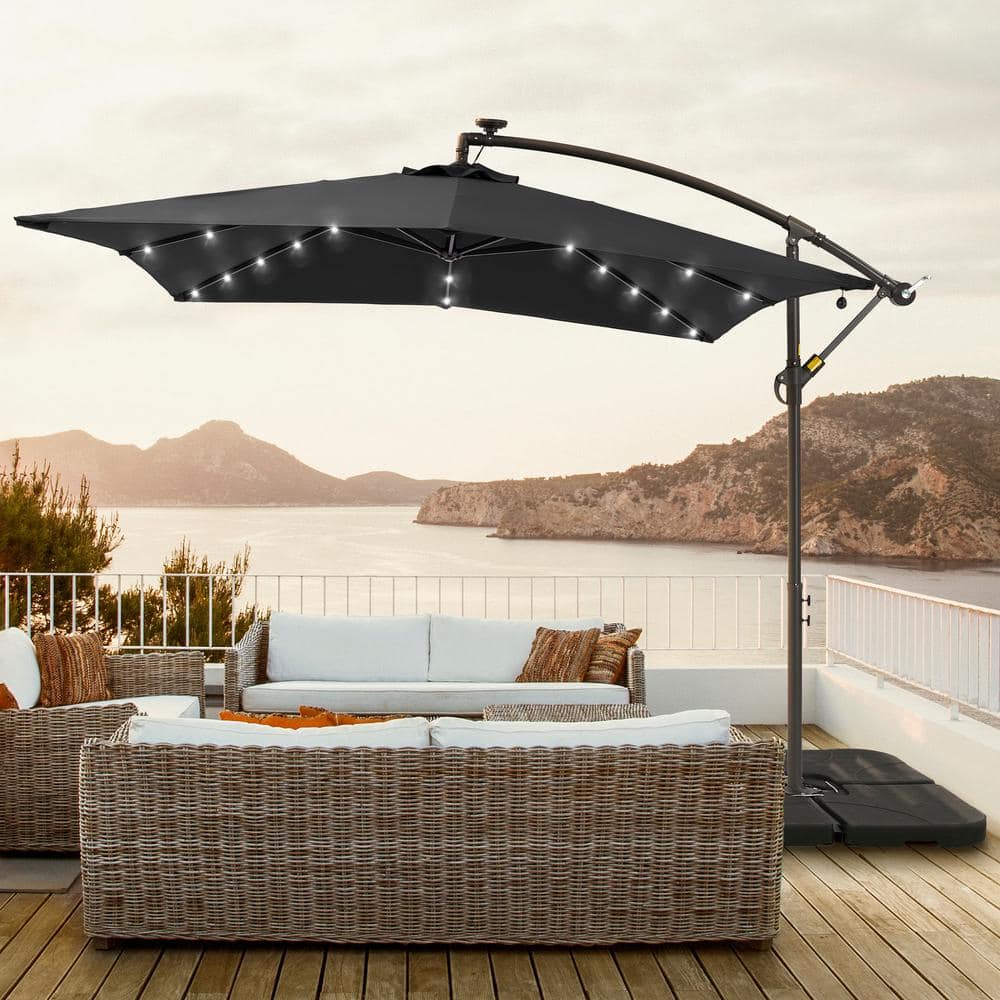 JOYESERY 8.2 ft. Square Solar LED Cantilever Patio Umbrellas With Base in Black