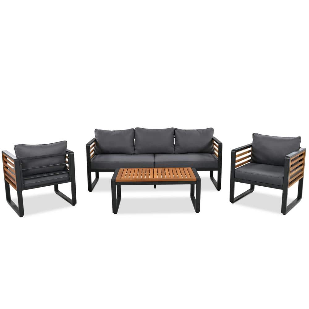 Runesay Art Deco 4-pieces Black Metal And Wood Frame Patio Conversation Set With Gray Cushion And Table,