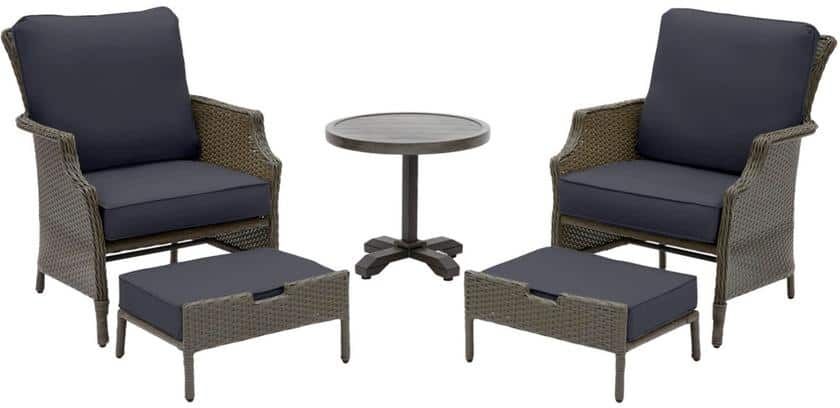 Hampton Bay Grayson 5-Piece Ash Gray Wicker Outdoor Patio Small Space Seating Set with CushionGuard Midnight Navy Blue Cushions