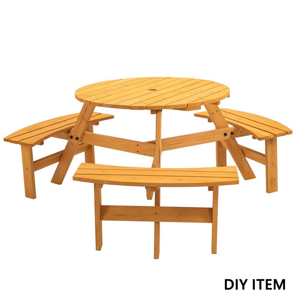 BTMWAY Natural 6-Person DIY Round Fir Wood Outdoor Picnic Table with Benches & Umbrella Hole, High Capacity