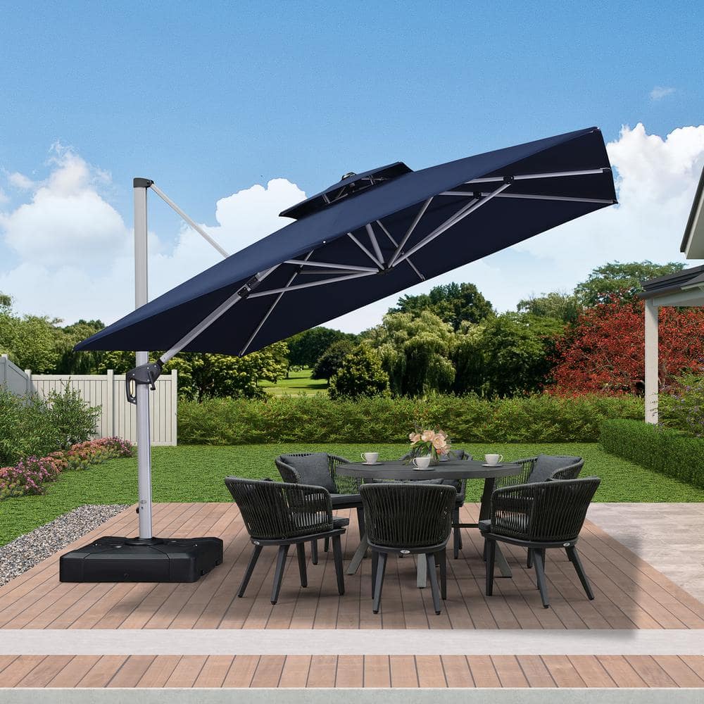 PURPLE LEAF 11 ft. Square High-Quality Aluminum Cantilever Polyester Outdoor Patio Umbrella with Stand, Navy Blue