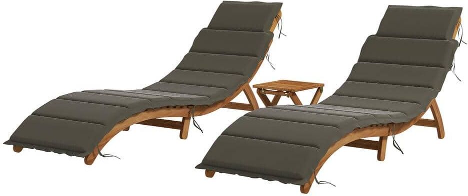 Sudzendf 3-Piece Wood Outdoor Chaise Lounge Set with Grey Cushions and Table