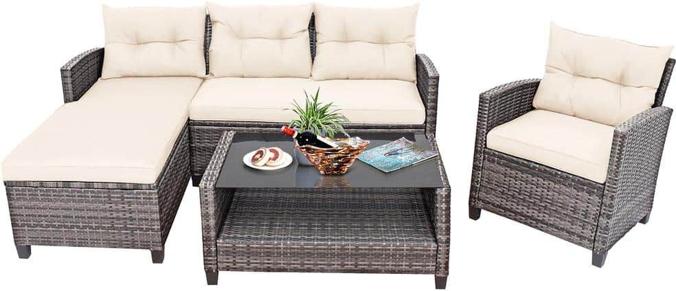 Costway 4-Piece Plastic Wicker Outdoor Sectional Set with White Cushion Patio Rattan Furniture Set Sofa Ottoman Garden Deck