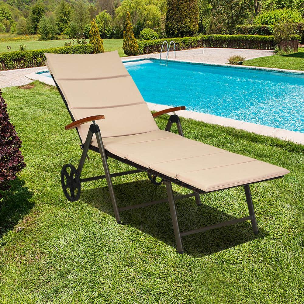 Costway Folding Back Adjustable Aluminum Rattan Patio Outdoor Lounge Chair without Cushion Recliner with Wheels in Brown