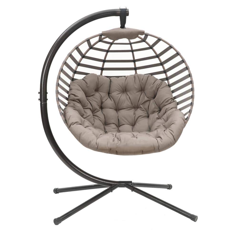 ITOPFOX 66 in. H x 40 in. W x 43 in. D Outdoor Beige Modern Hanging Ball Chair with Cushion and C Type Bracket