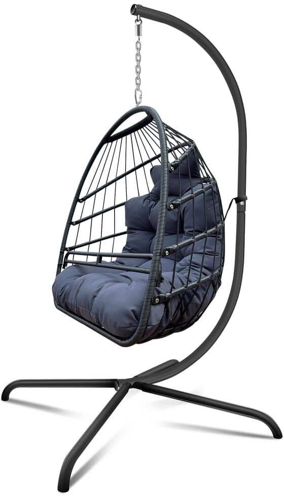 Cesicia 1-Person Black Metal Porch Egg Swing Chair with Cushion and Cup Holder