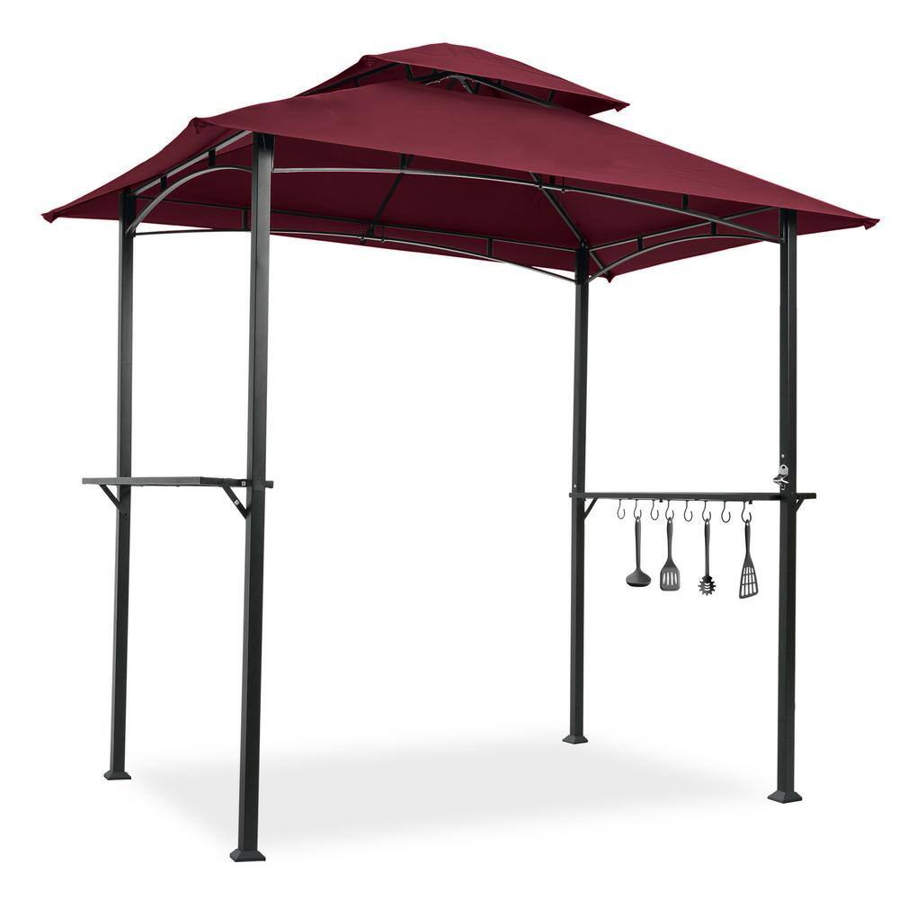 Sudzendf 8 ft. x 5 ft. Burgundy Outdoor Grill Gazebo, Double Tier So ft. Top Canopy and Steel Frame with Hook and Bar Counters