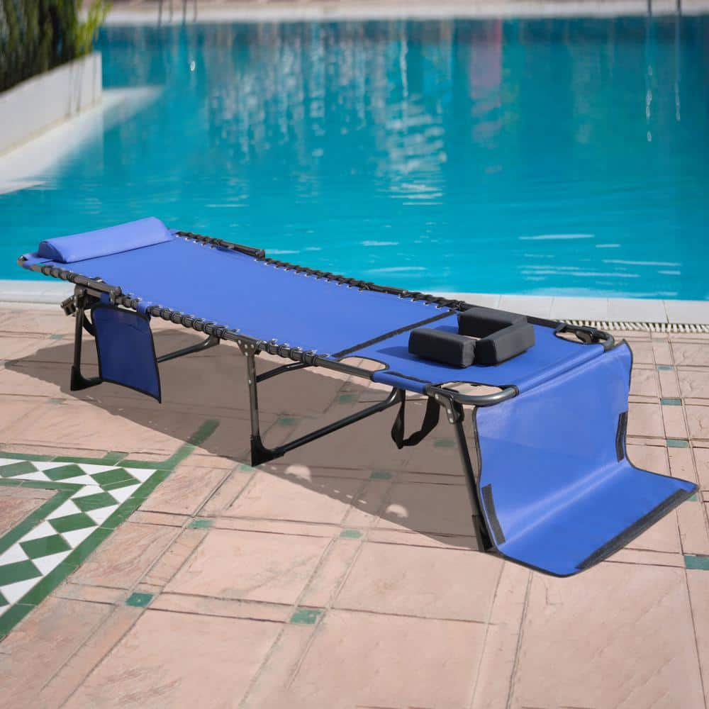 VEIKOUS Blue Outdoor Lounge Chair Chaise Lounge with Face Hole, Pillow and Pocket