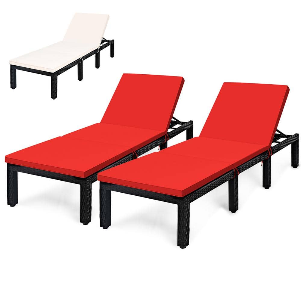 Costway Rattan Patio Outdoor Lounge Chair Chaise Recliner Adjust with Red and Off White Cover Cushions (2-Pack)
