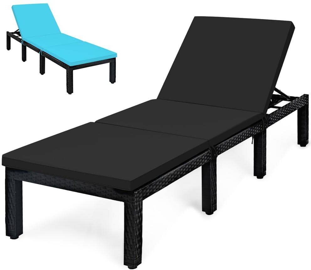 Costway Wicker Outdoor Lounge Chair Chaise Recliner Adjust with Black Cushion and Turquoise Cover