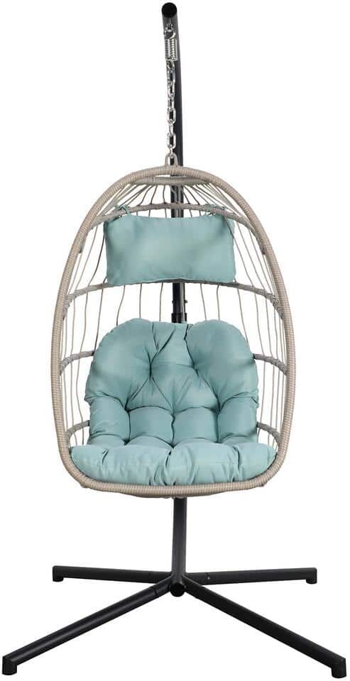 Yangming Outdoor 1-Person Wicker Egg Swing Chair with Stand, Porch Swing Foldable Hammock Chair for Garden Blue