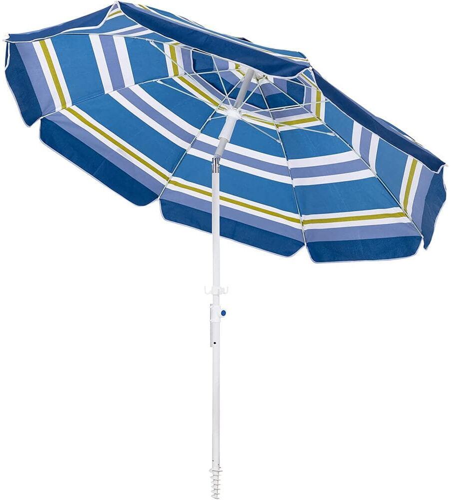 Dyiom 7.5 ft. Beach Umbrella with Sand Anchor and Tilt Mechanism in Portable UV 50+ Protection in Blue-Green Stripes