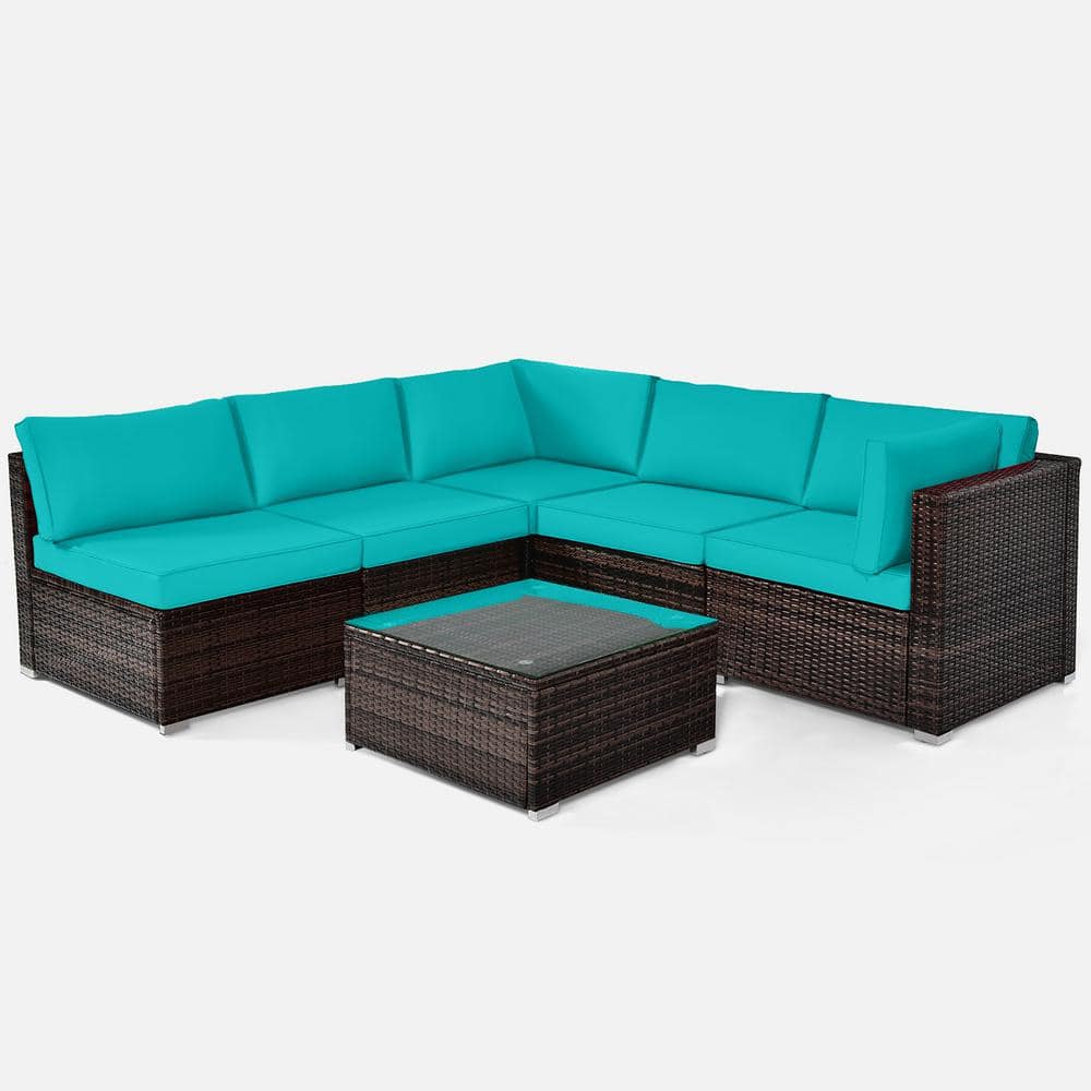 Costway 6-Piece Rattan Patio Furniture Set Cushioned Sofa Coffee Table Garden with Turquoise Cushion