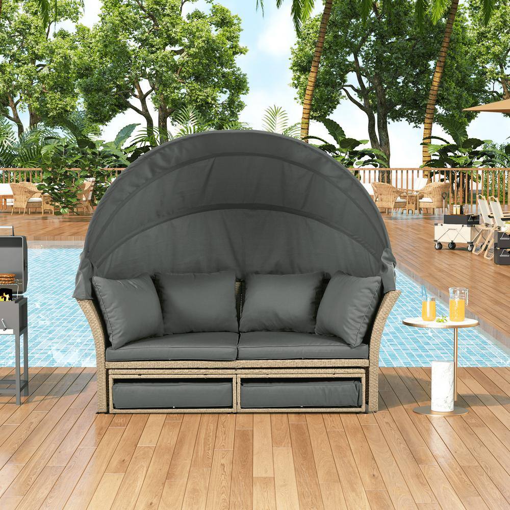 Harper & Bright Designs High-End Wicker Outdoor Patio Day Bed with Gray Cushions, 4 Pillows and Retractable Canopy