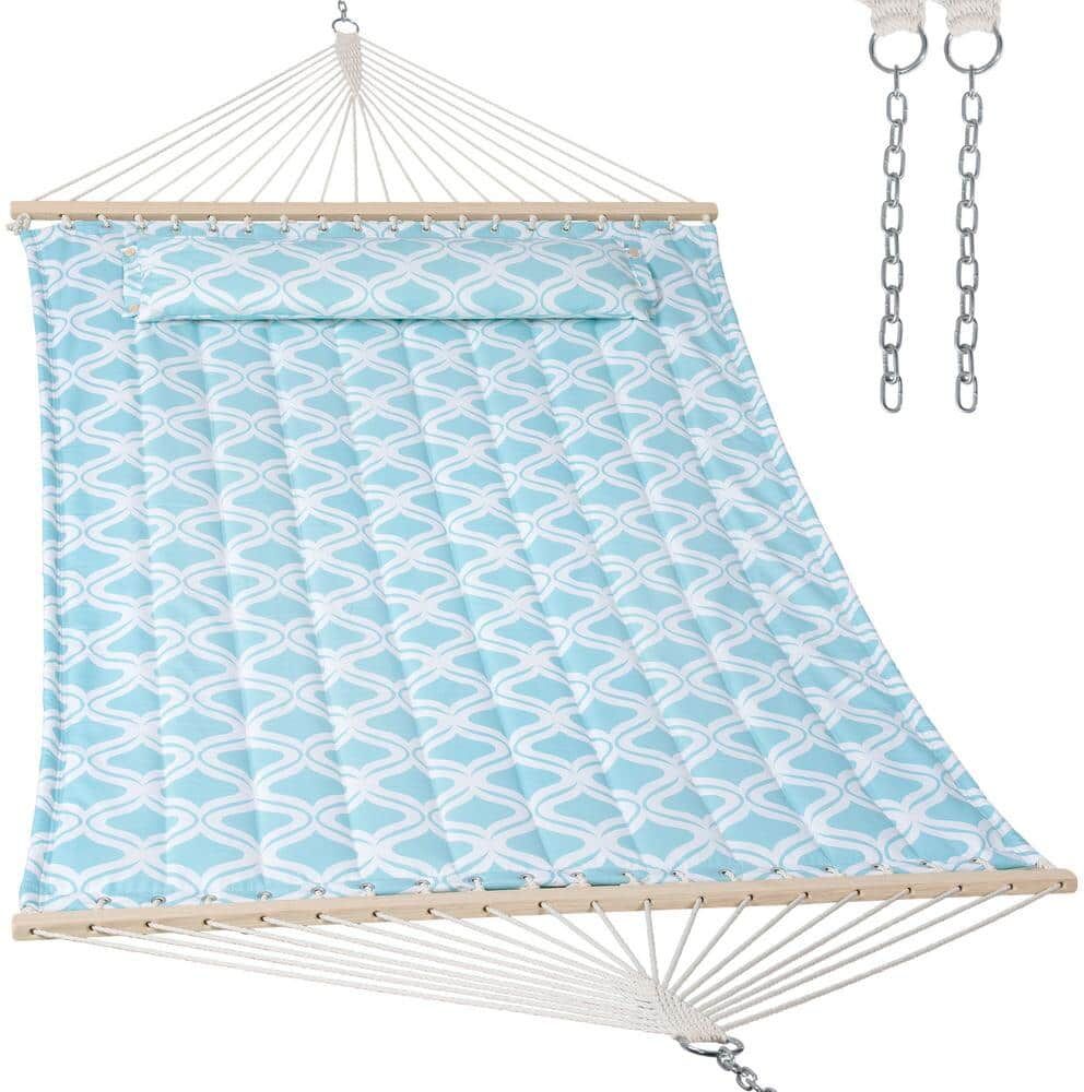 Atesun Double Hammock Quilted Fabric Swing with Spreader Bar, Detachable Pillow, 55" x 79" Large Hammock, Baby Blue