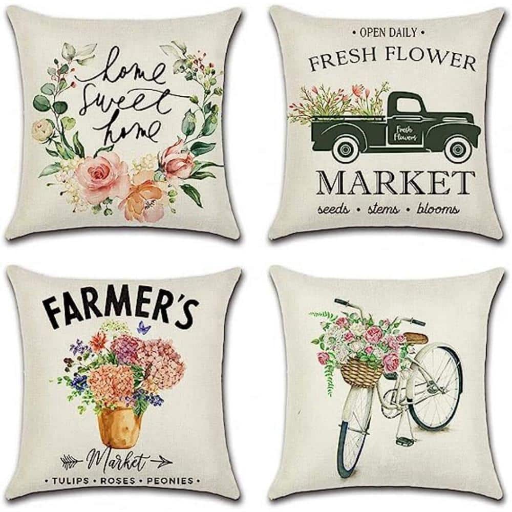 18 in.x 18 in. Outdoor Decorative Throw Pillow Covers, Spring Flowers Waterproof Cushion Covers (Set of 4)