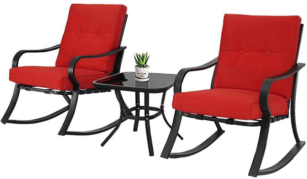 3-Pieces Wicker Outdoor Rocking Chair Bistro Conversation Set with Red Cushions