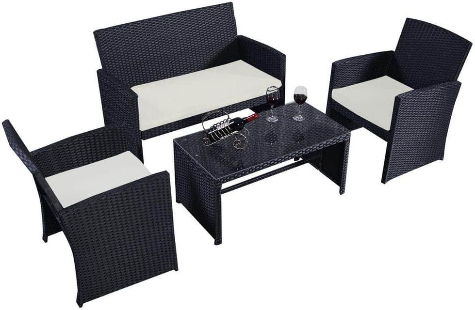 Costway Black 4-Piece Wicker Rattan Patio Conversation Set Garden Lawn Furniture with Beige White Cushions