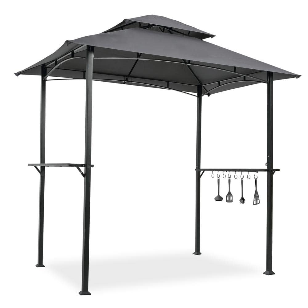 8 ft. x 5 ft. Black Steel Frame Outdoor Grill Gazebo Shelter Tent with Double Tier Soft Top Canopy, hook, Bar Counters