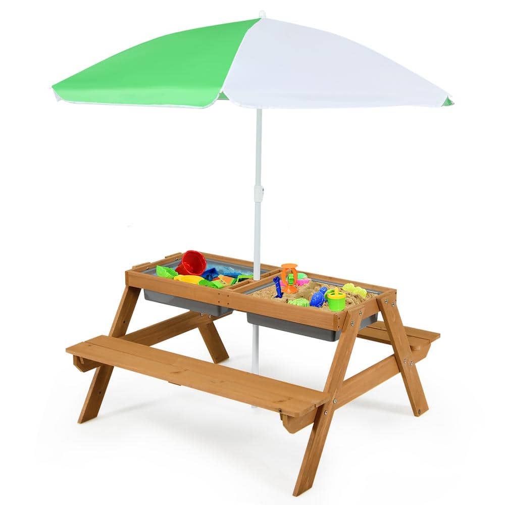 Costway 3-in-1 Kids Wood Rectangle Outdoor Picnic Table Water Sand Table with Umbrella Play Boxes