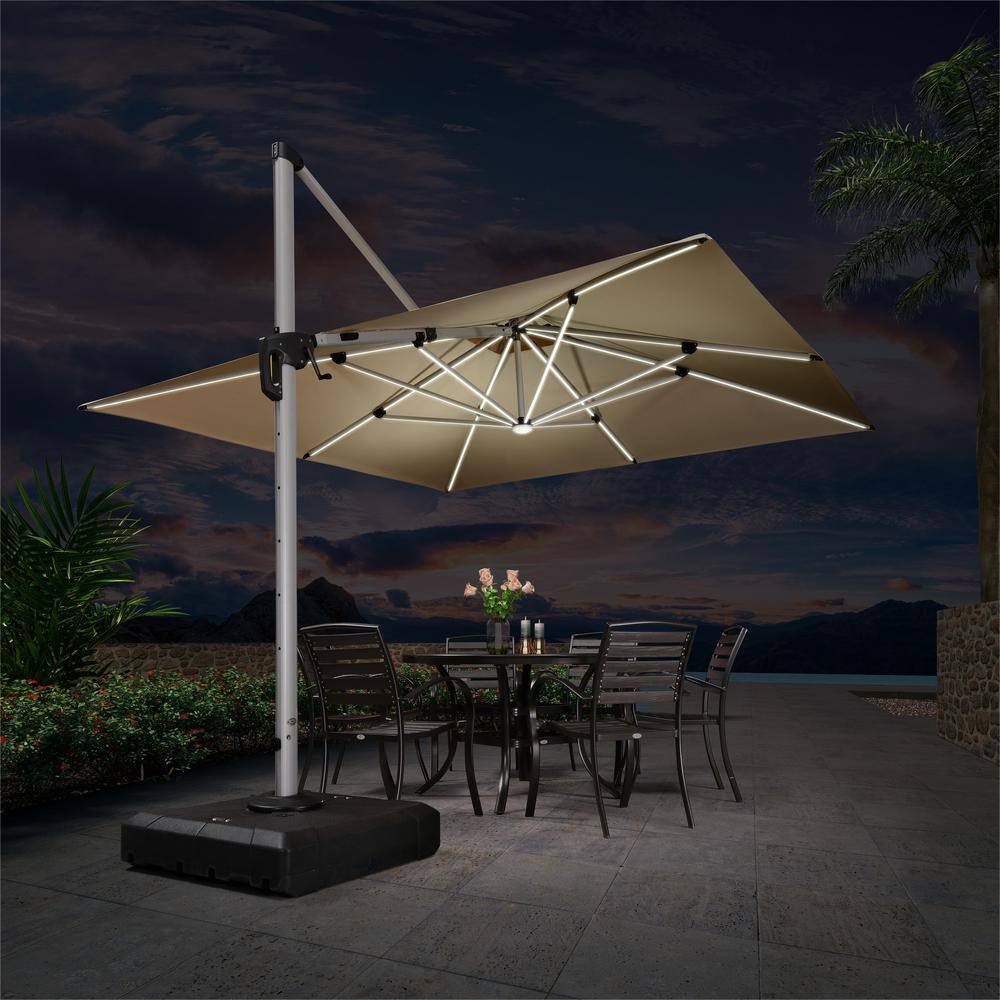 PURPLE LEAF 11 ft. Square Aluminum Solar Powered LED Patio Cantilever Offset Umbrella with Base, Beige