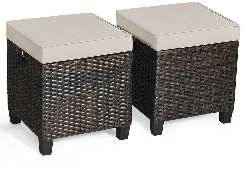 Costway 2-Piece Brown Wicker Outdoor Ottoman with Coffee Cushion Patio Rattan Foot Rest Garden Furniture