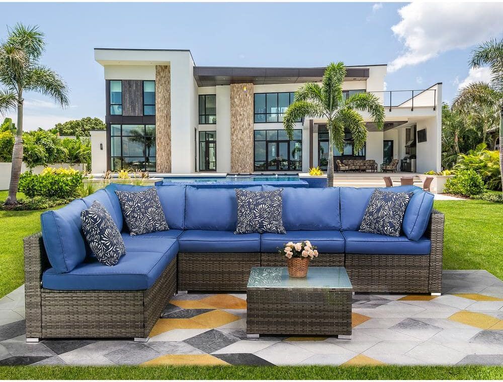 EDYO LIVING 7-Piece Wicker Patio Sectional Sofa Set with Blue Cushions