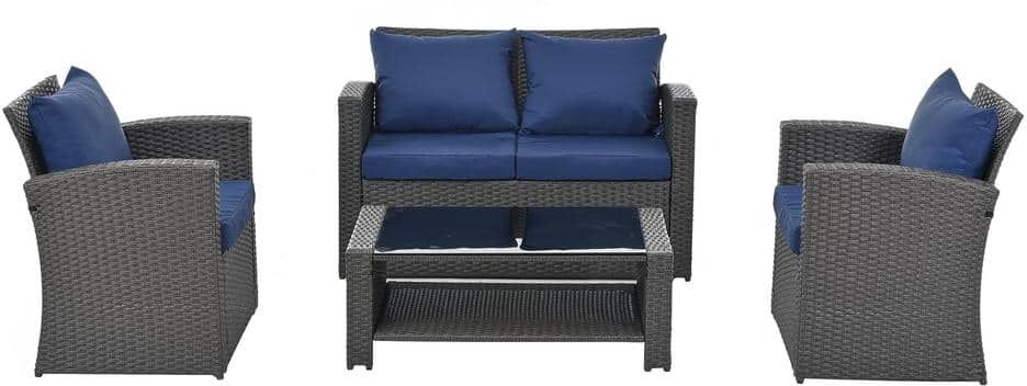 URTR 4-Piece PE Wicker Rattan Patio Conversation Set Outdoor Furniture Sofa Set with Table, Loveseat, Armchair, Blue Cushion